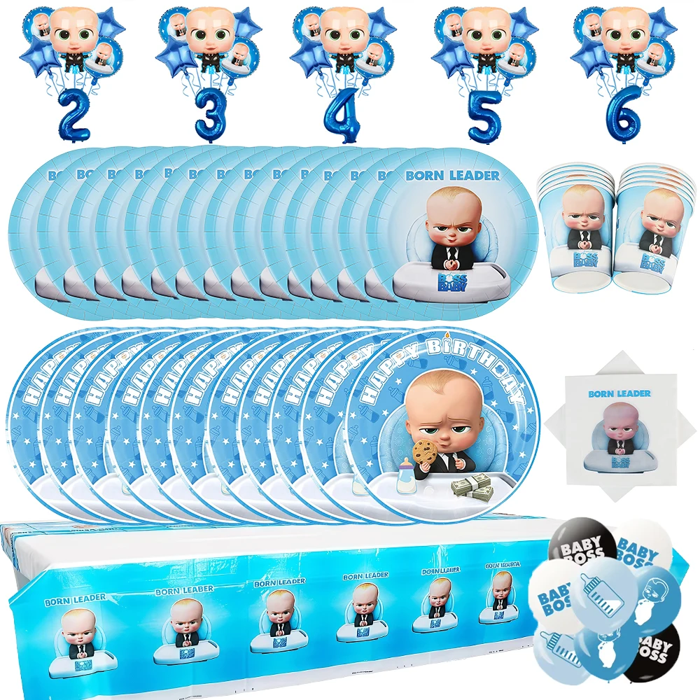 Bossed Baby Cartoon Geburtstagsparty Dekoration Einweggeschirr-Set Teller Becher Ballon-Set Kinder Baby-Shower Zubehör Geschenk