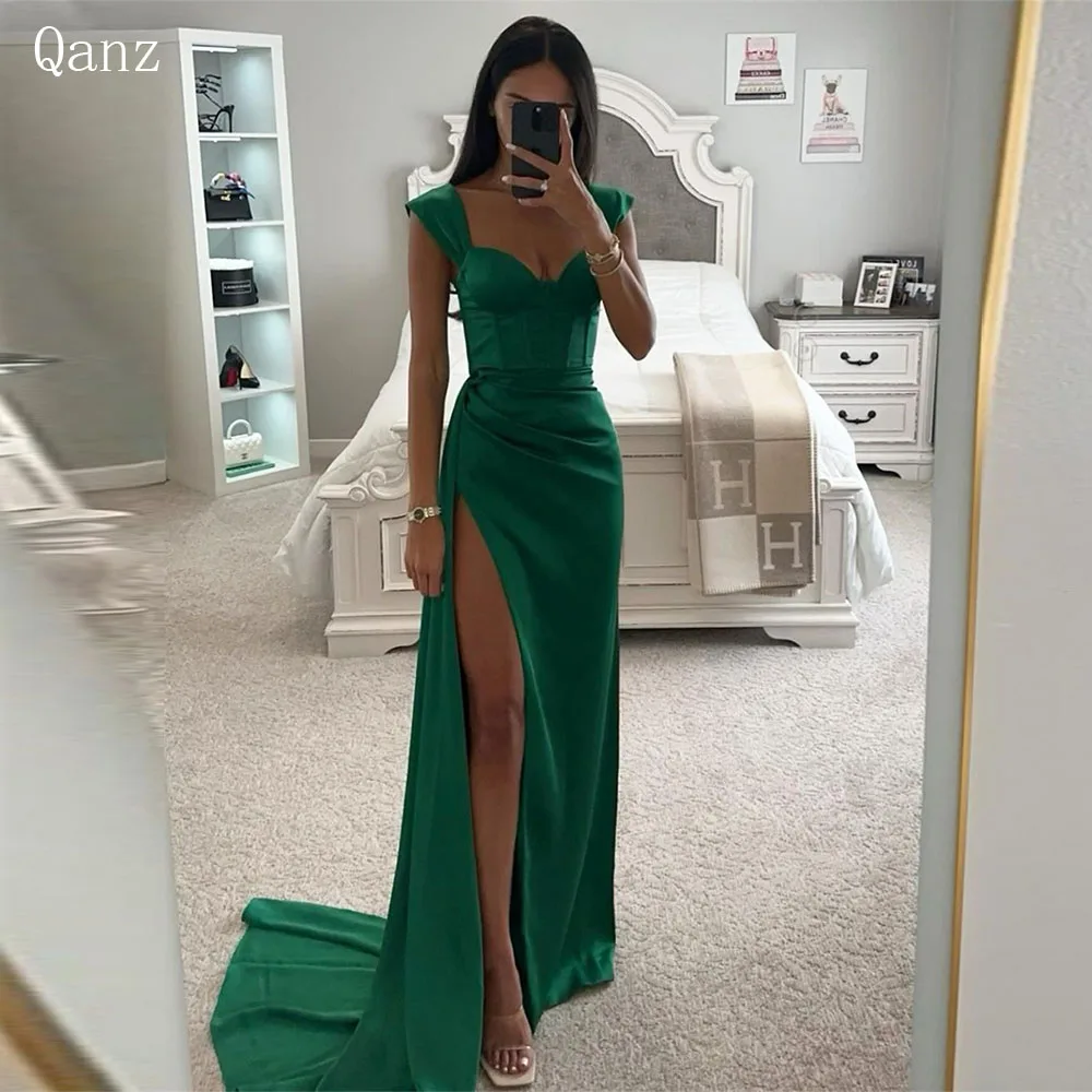 Qanz Eenvoudige Smaragdgroene Prom Jurken Spaghettibandjes Zeemeermin Hoge Benen Split Satijn Vestidos De Gala Feestjurk Vrouwen Elegant