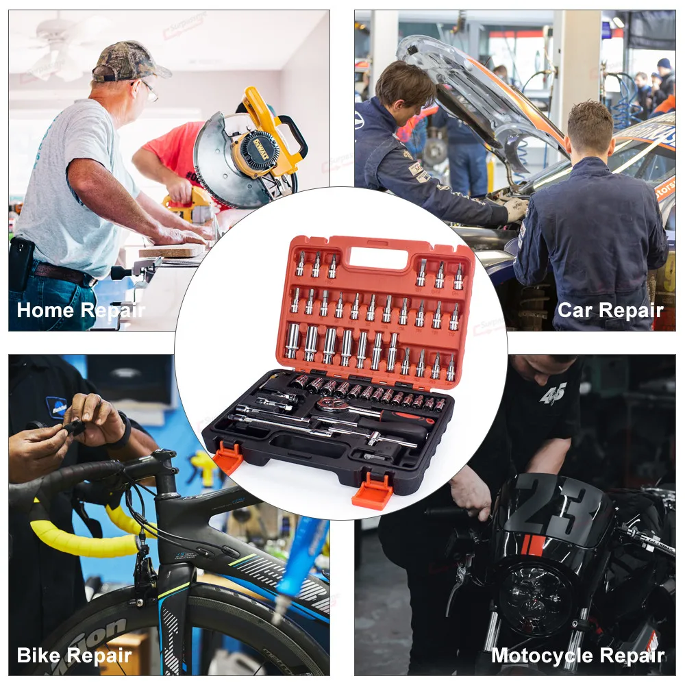 

Набор инструментов для ремонта автомобилей, 53/46 предметов, 1/4 дюйма, с торцевыми головками, метрическими и дюймовыми шестигранными битами, трещоткой