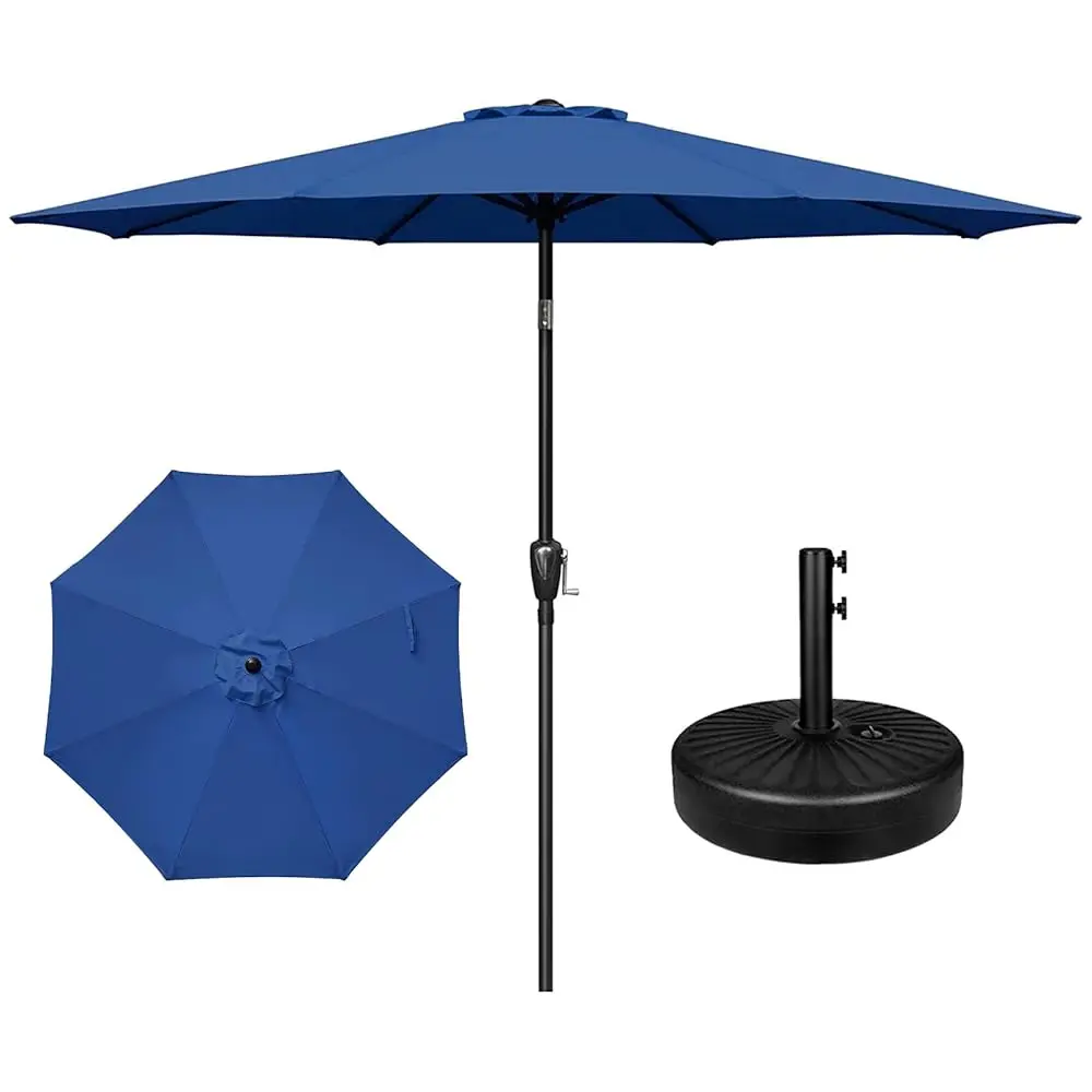

9' Patio Umbrella With 50Lbs 20"" Acity Fillable Heavy Duty Round Base, 8 Sturdy Ribs, For Outdoor Lawn, Deck, Poolside, Blue
