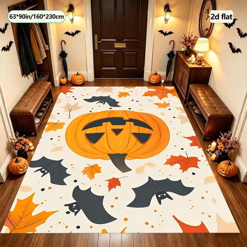 Pumpkin Black Cat Ghost Halloween Cute Velvet Area Rug, for Living Room Bedroom Entryway, Autumn Winter
