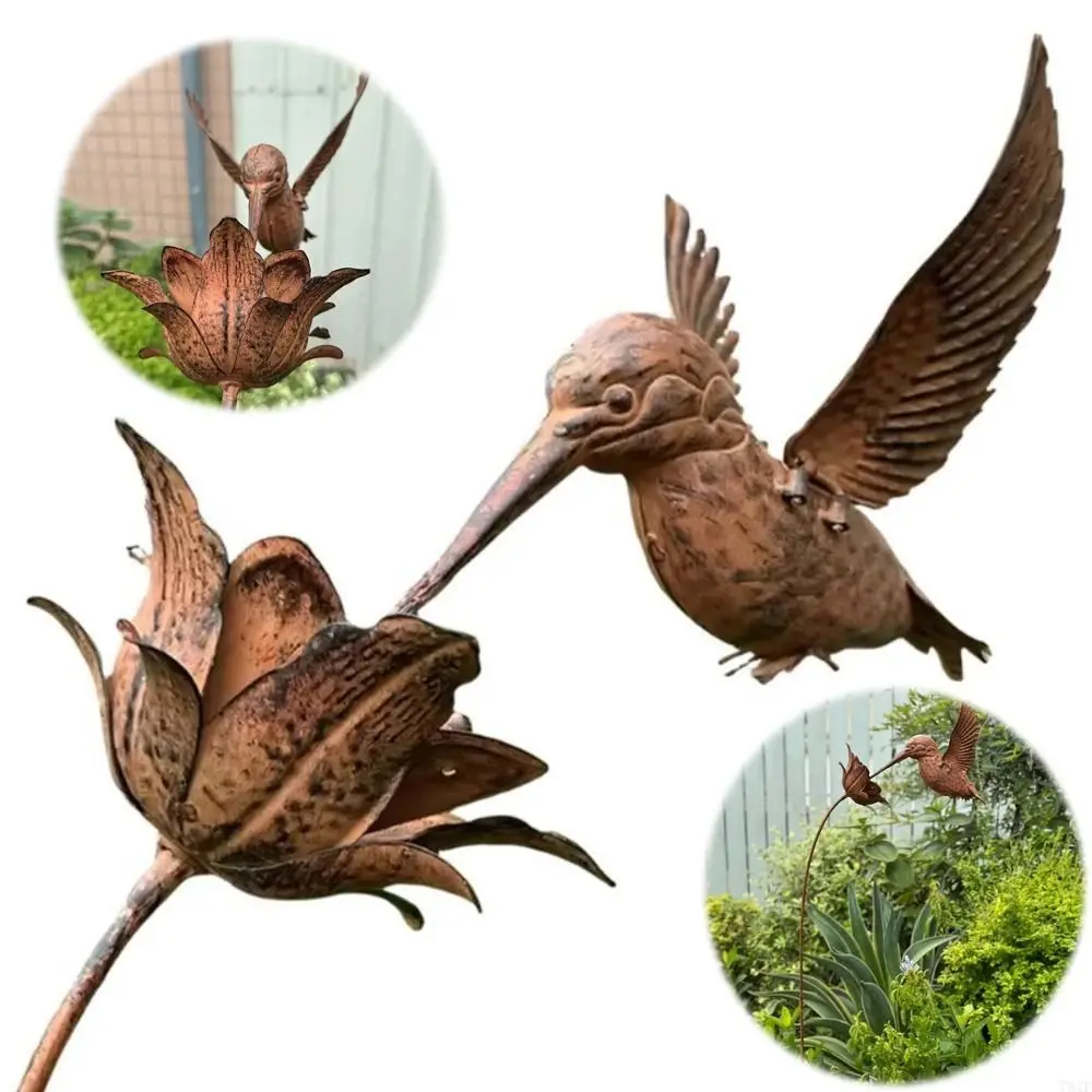 Rusty Metal Texture Hummingbird Garden Stake Weather Resistant Iron Easy Installation Wrought Iron Bird Statue