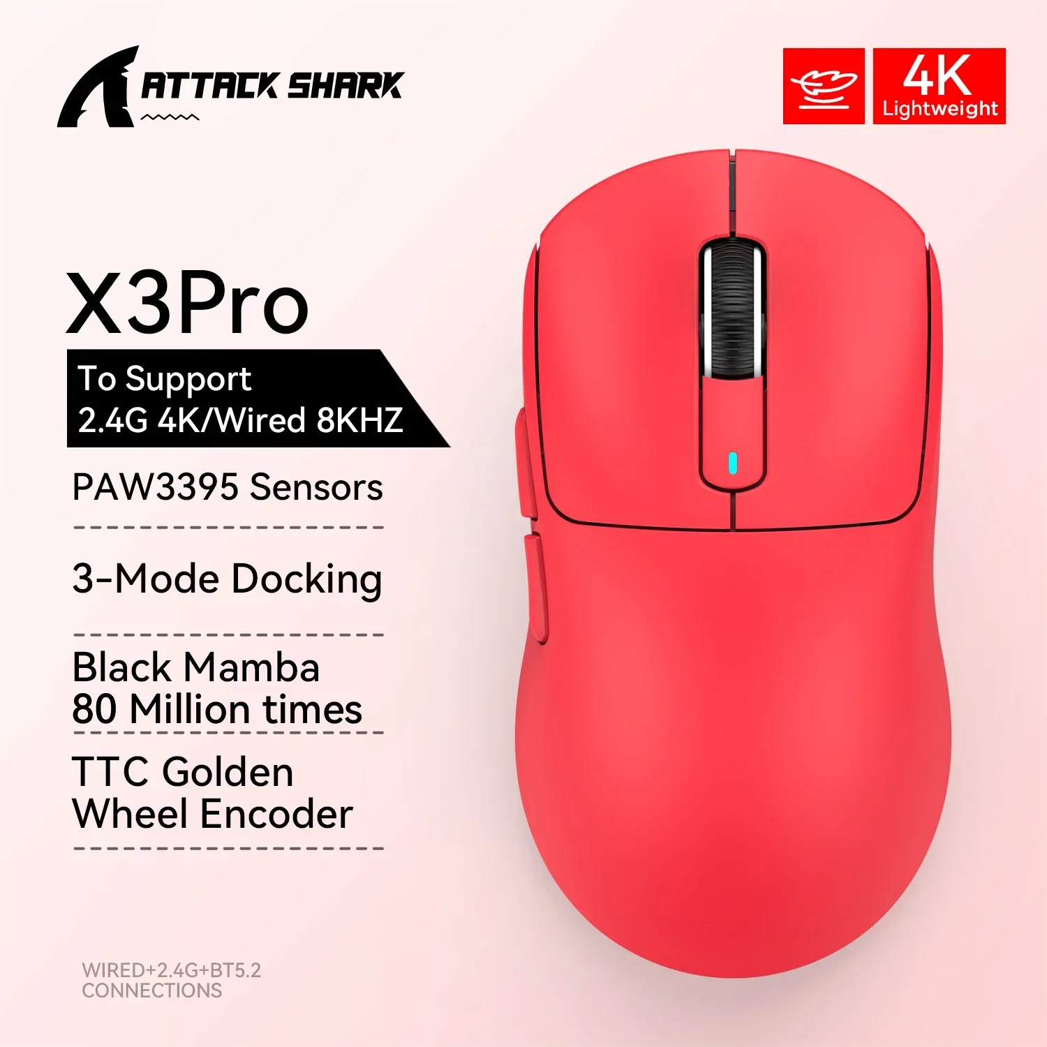 Imagem -03 - Attack Shark X3pro 4k Mouse sem Fio 8k Leve Paw3395 Ratos 2.4g Bluetooth Modos Gamer Macro Gaming Mouses para pc Laptop