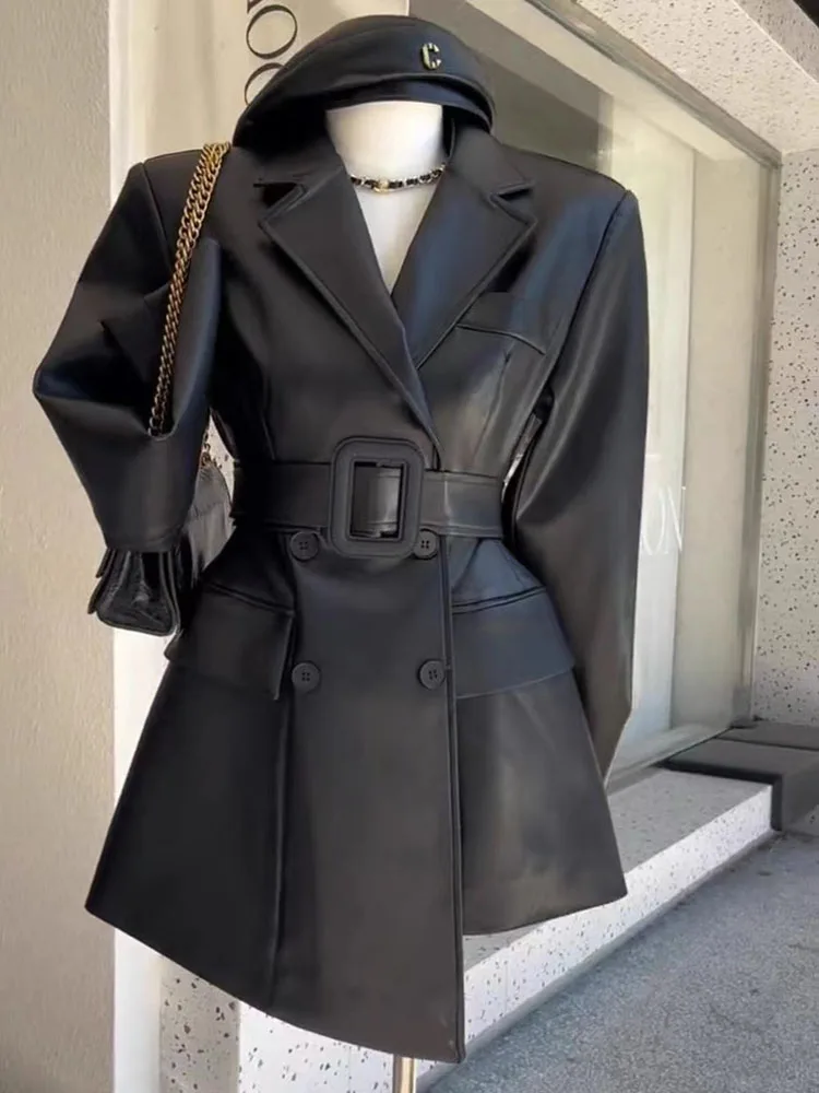 Brown Fashion Temperament Retro Stylish Leather Jacket Women Long Sleeve Autumn Fashion Slim Fit Female Blazer Coat