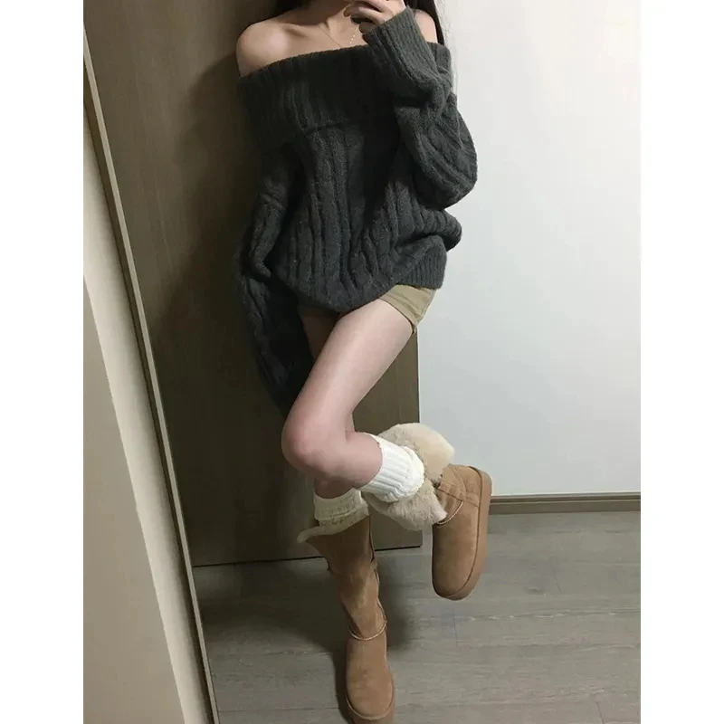 

Sweater knitted pullover women's autumn and winter clothing oblique collar chic pullover knitted ribbed off-shoulder sweater top