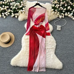 Sexy Chic Elegant Mesh Print O-Neck Long Sleevees Slit Dress Party Slim Women Autumn Fashion Evening Party Pencil Dress