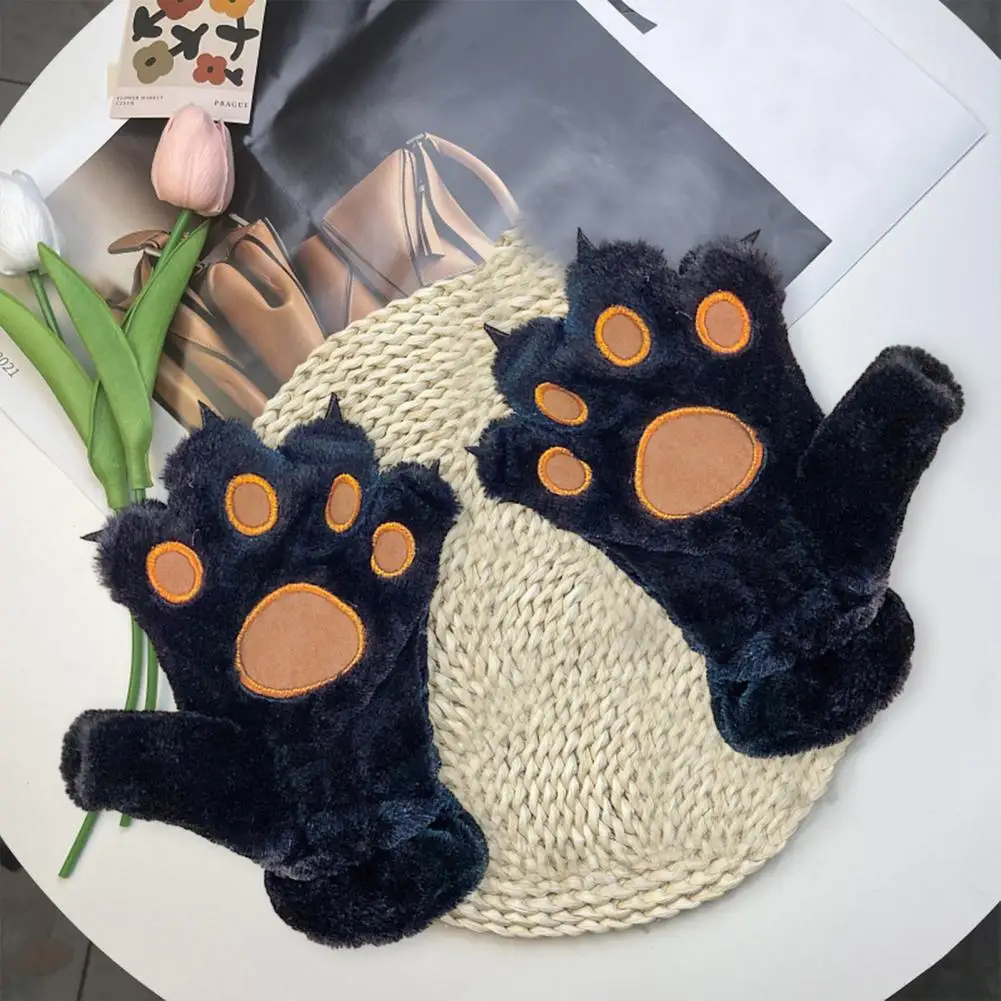 Wear-resistant Gloves Women Gloves Winter Embroidery Bear Paw Pattern Mittens Cozy Plush Gloves for Women Girls Cute Cartoon