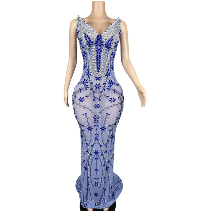 Vestido de cumpleaños con diamantes de imitación azules, vestido de boda para fiesta, disfraz de celebración para mujer, vestidos de noche, traje de pasarela para escenario
