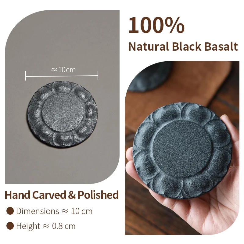Black Golden Stone Tea Coaster 10cm Natural Basalt  Hand Carved Lotus Pattern Kung Fu Tea Cup Pad Home Decor Gift for Tea Lovers