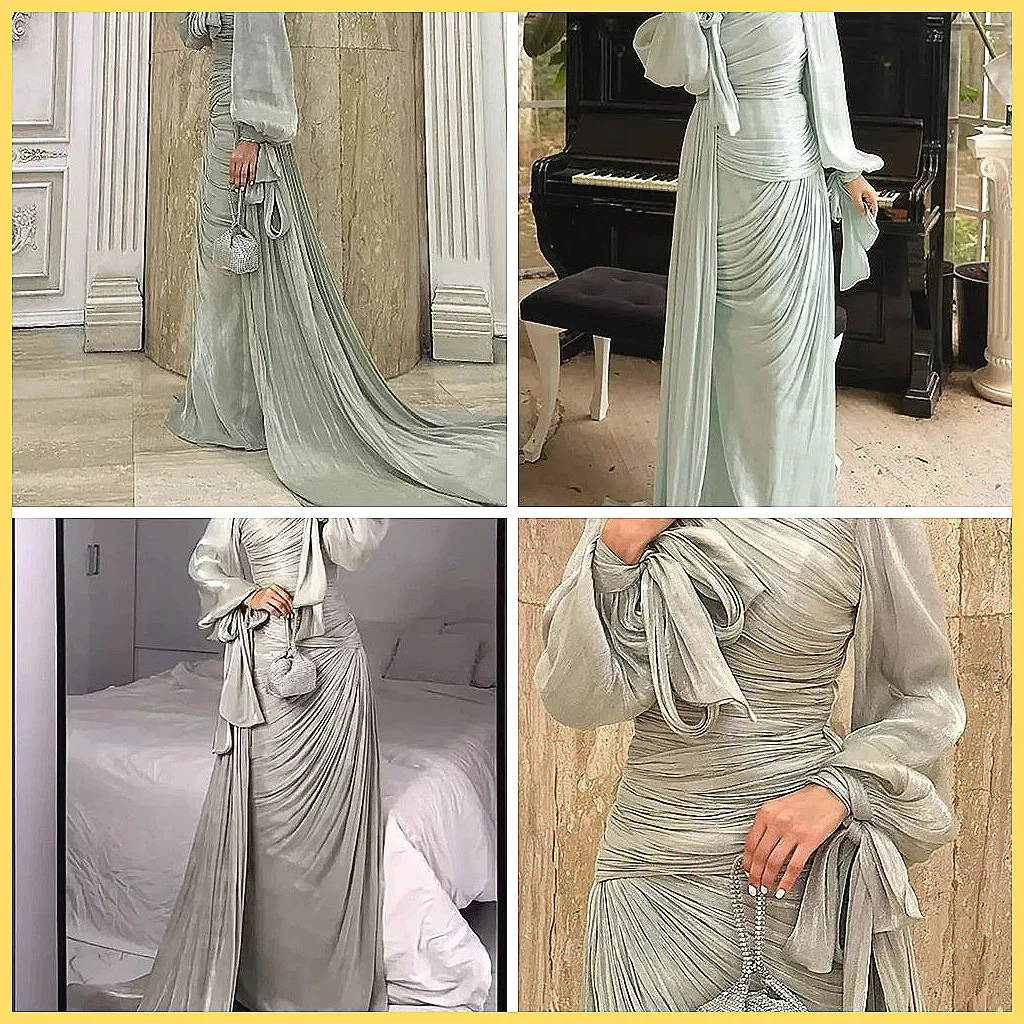 Elegant Pleated Maxi Dress for Women, High Waist Long Sleeve Evening Gown for Party Banquet