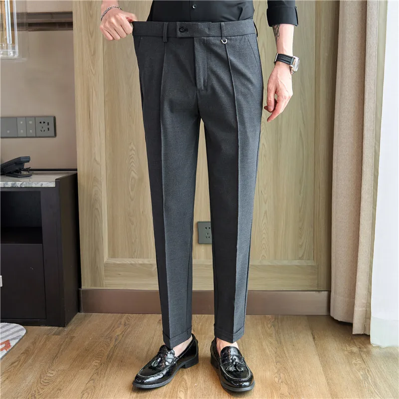 Men\'s business casual trousers, daily formal work pants, 2024 new high quality, plain color versatile ankle-length trousers.