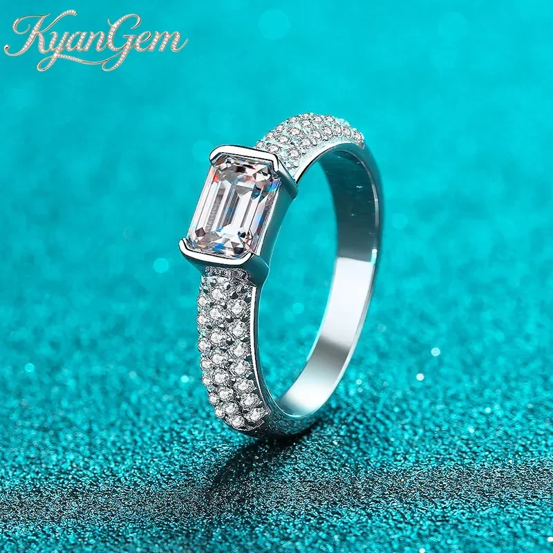 Bague pour femme KyanGem en or 18 carats incrustée de diamants, moissanite émeraude taille radiant 1 carat, bague élégante en platine 18 carats