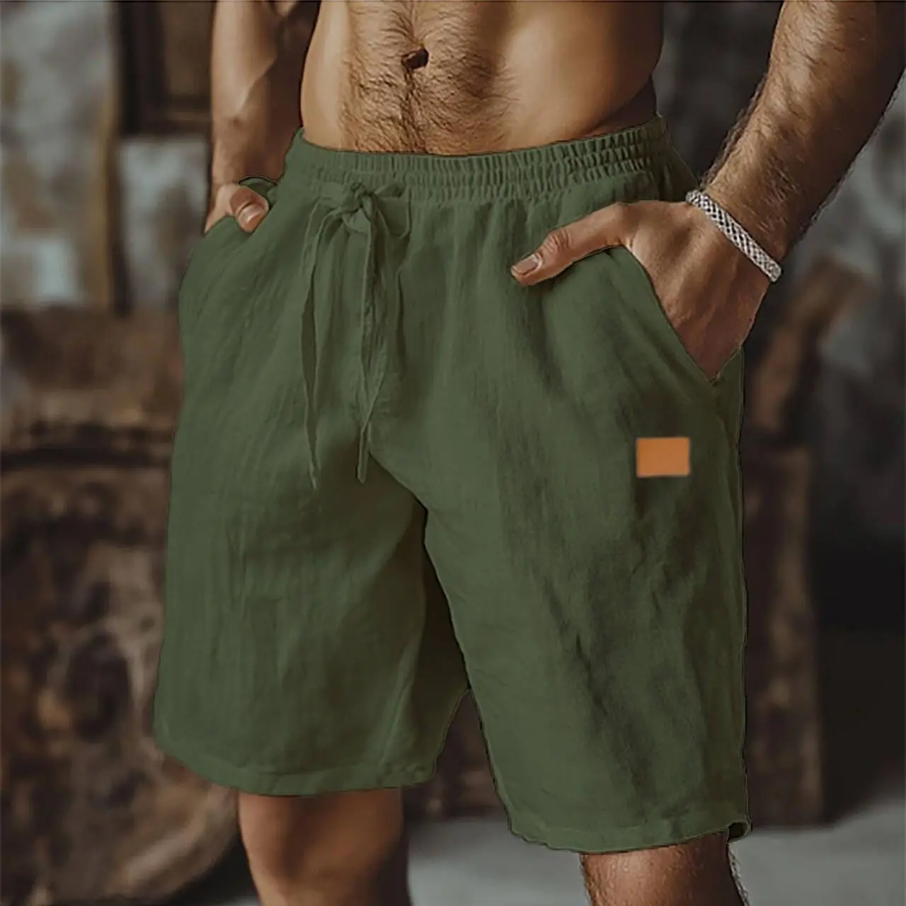 

Men's New Shorts Drawstring Elastic Waist Straight Leg Solid Color Breathable Casual Beach Mid Length Shorts