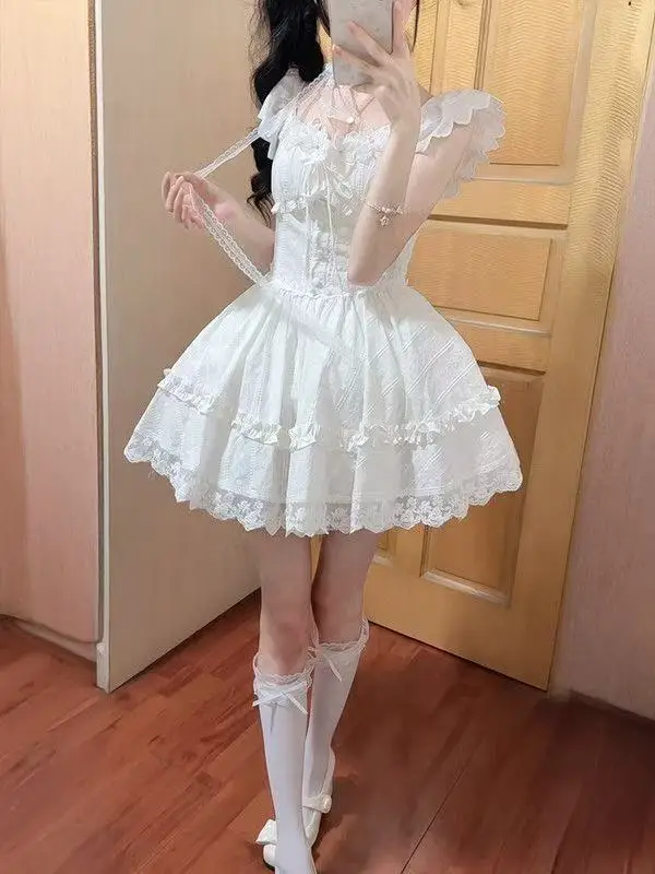 Fairycore Sweet Lolita Mini Dress Women Lace Trim Bowknot Puff Sleeve Ruffle Tiered Skirt High Waist Princess Cute Daily Wear
