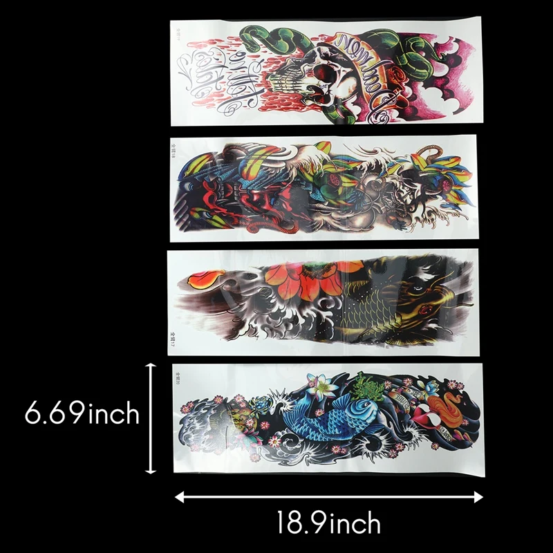 4Pcs/Lot Waterproof Temporary Tattoos Fish Skull Color Full Arm Mechanical Pattern Tattoos Applique Arm Full Arm Tattoos Sticker