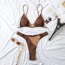 Roupa de banho biquíni terno para senhora sexy maiô feminino férias verão sólido mar sutiã e roupa interior para natação marrom