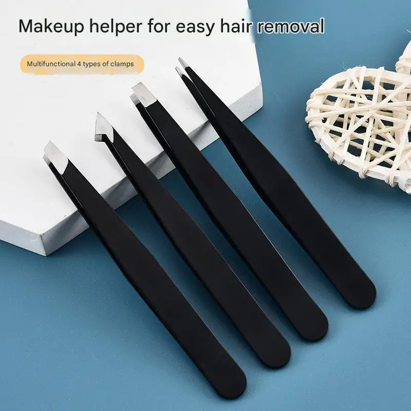 Czarne pęsety do brwi ze stali nierdzewnej z ukośną końcówką, zestaw narzędzi do depilacji, makijażu, przedłużania rzęs i tworzenia podwójnych powiek.