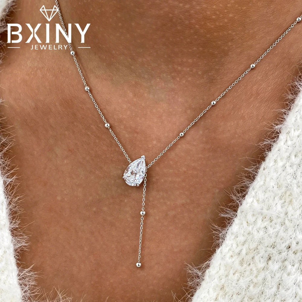 BXINY 1/2/3CT Waterdrop Moissanite Necklace Pure S925 Silver Pear Cut Solitaire Diamond Y-Style Tassel Pendant Gift Fine Jewelry