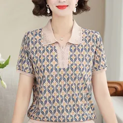Vintage Broken Flowers Printed Shirt Summer Short Sleeve Fashion Diamonds Commute Female Clothing Lapel Casual Spliced Blouse