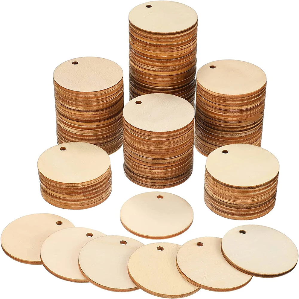 50pcs Unfinished Round Wooden Circles with Holes Round Wood Discs for DIY Crafts Party Birthday Christmas Decoration