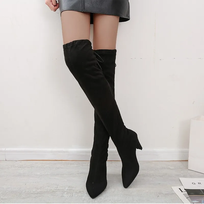 Big Size 35-43 Women Over-the-Knee Boots New Winter Soft Flock Thick Heels Fashion Pointy Toe Lace-Up Long Boot Party Work Shoes