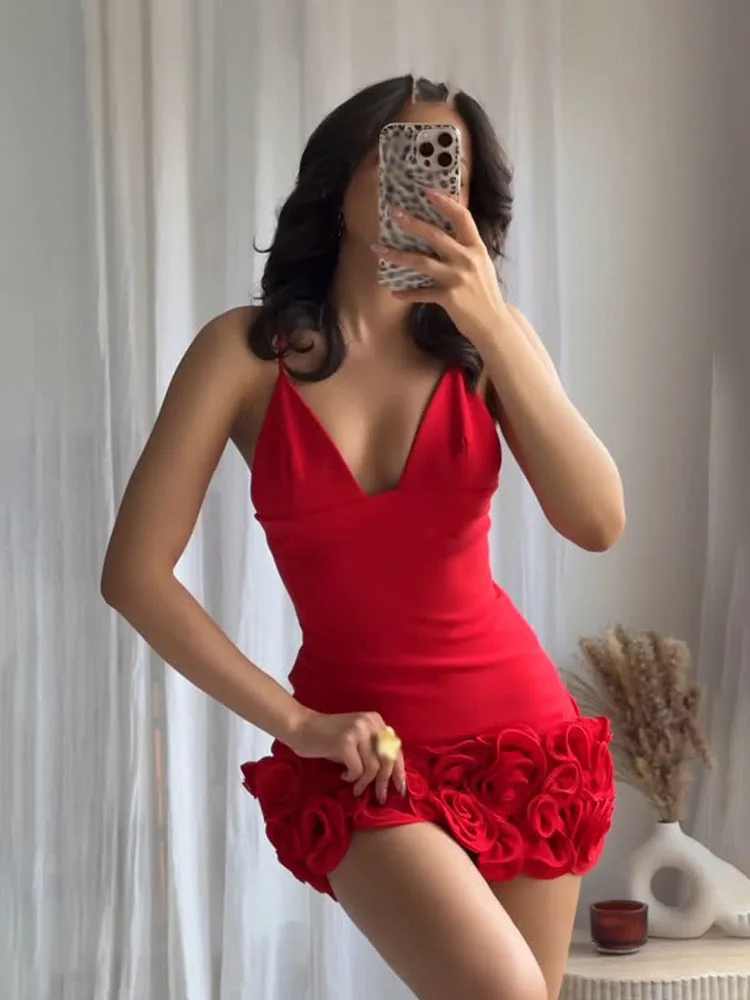 HH Women Fashion Sexy Slim Sleeveless Convex Flower Design Sling Mini Dress Summer Female Elegant V-neck Zipper Dress Mujer