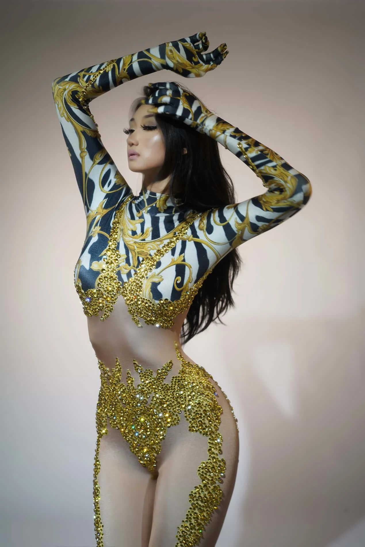 

Shangma Women Sexy Printing Spandex Long Sleeve Tight Jumpsuit Cosplay Costume Nightclub Dancer DJ Outfit Performance Stage Wear