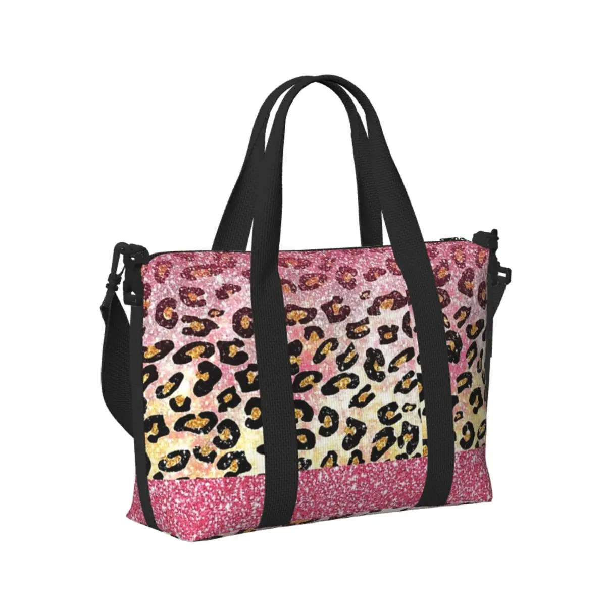Bubble Gum Pink Faux Glitter Leopard Animal Print Beach Travel Bag Tote Bags for Gym Sport Women Shopping Duffle Shoulder Bag