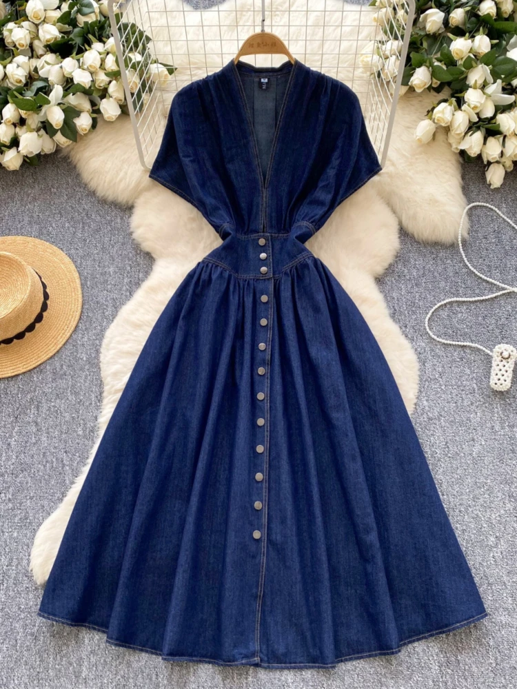 Women Denim Dress Summer Sexy Deep V-neck High Waist Pleated Jeans Dersses Ladies Vintage Slim A-line Long Robe Vestidos