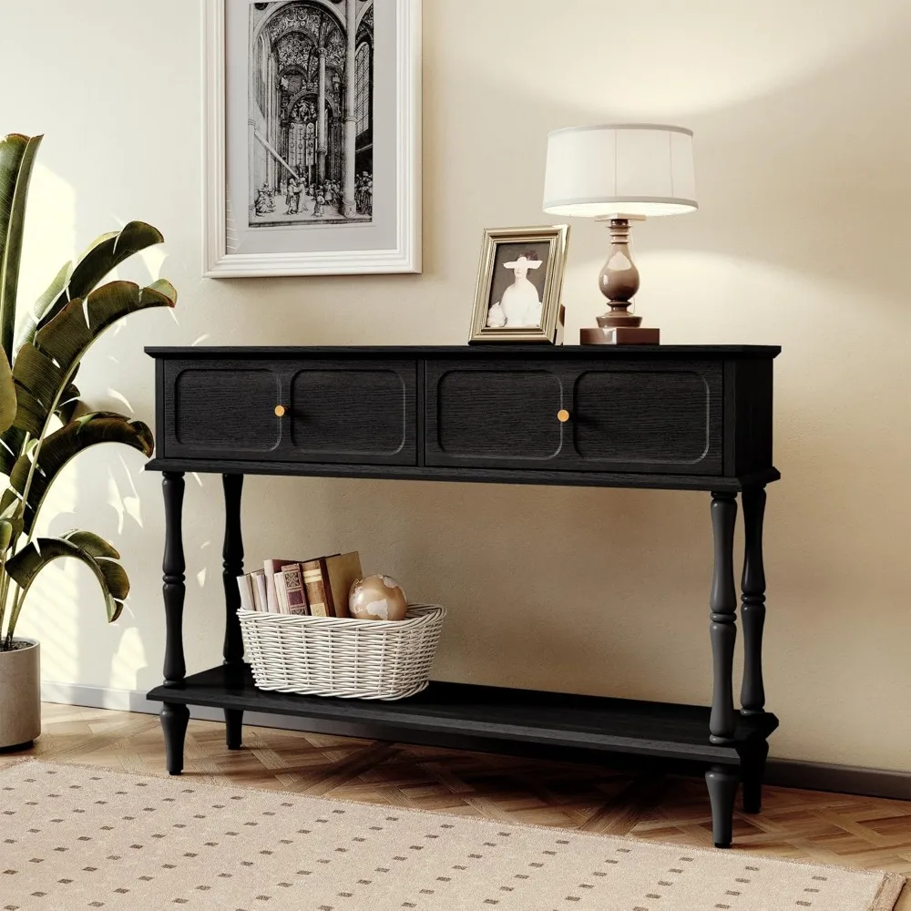 Mid-Century Console Table for Entryway with 2 Drawers, Black Retro Entryway Table with Storage Cabinets and Open Shelf