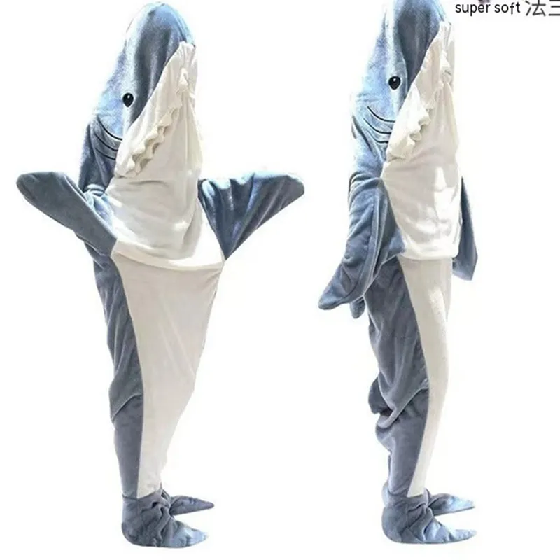 Hooded Flannel Shark One-Piece Pajamas Home Children Adult Men and Women Quirky Homewear Blanket