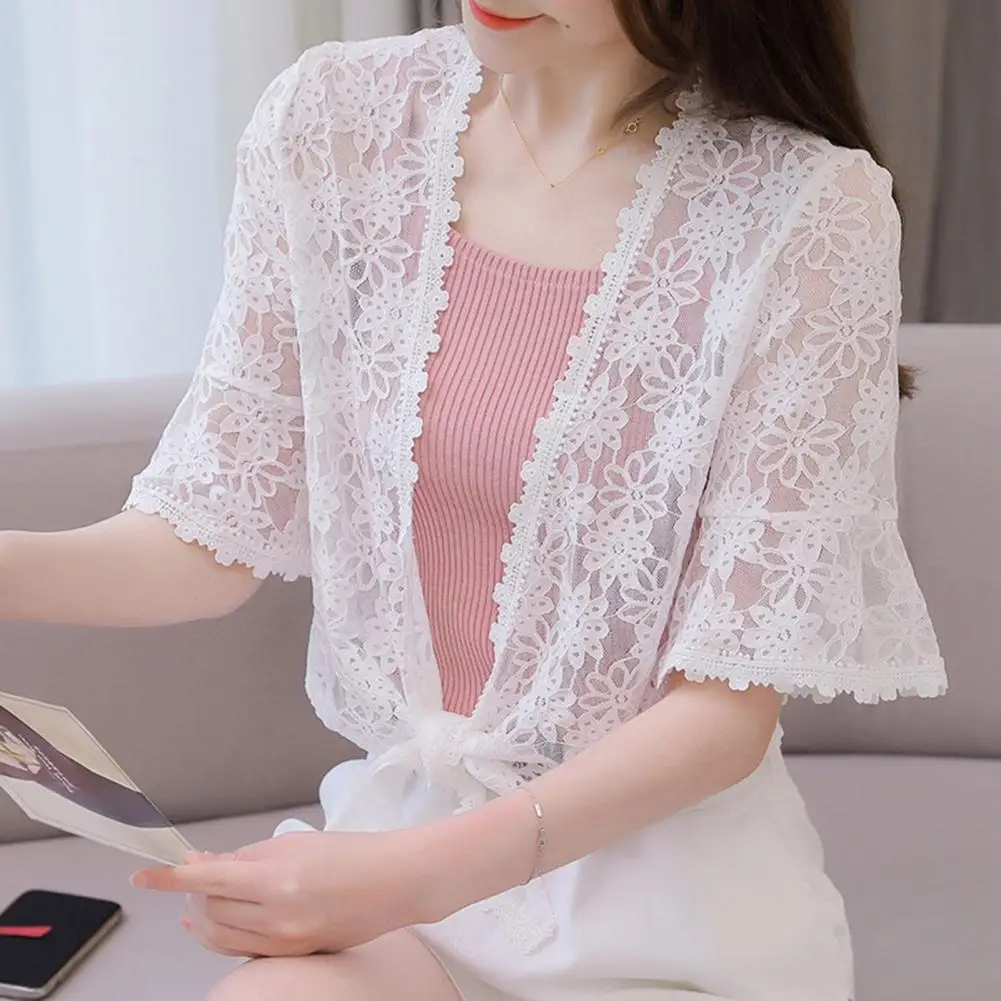 Lightweight Shirt Elegant Lace Embroidered Women's Cardigan Coat with Horn Sleeves Shawl Collar Stylish Patchwork for Ladies
