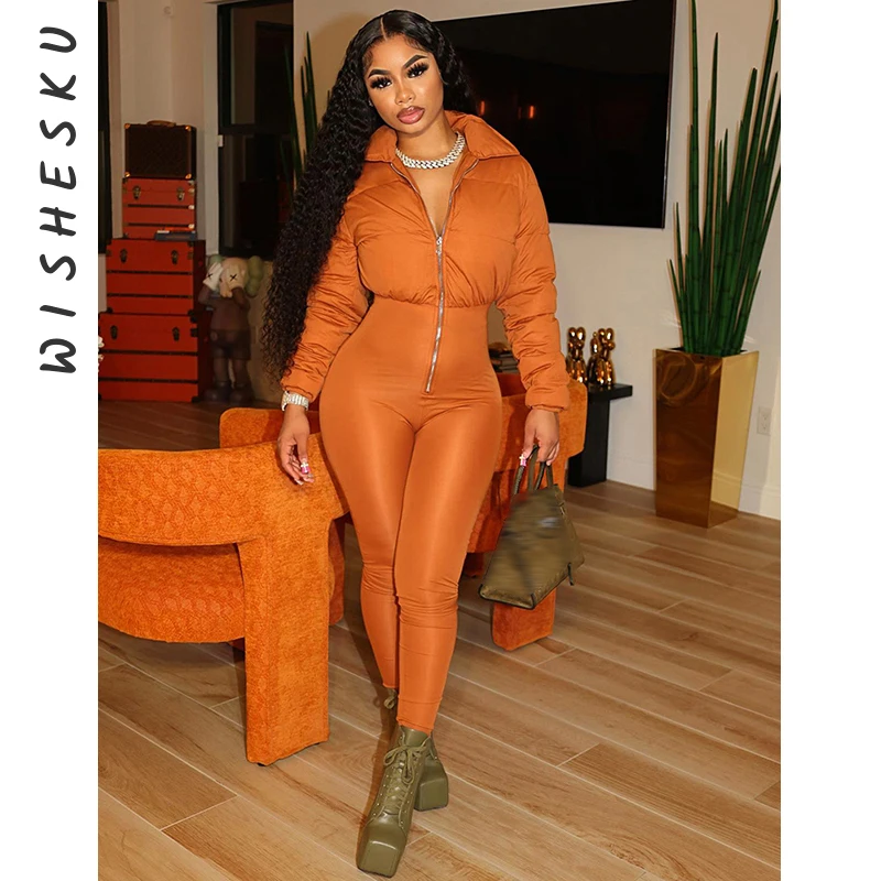 Women Lapel Cotton Padded Warm Jumpsuits Long Sleeve Zipper Up Pencil Pants One Piece Rompers 2023 Fall Winter Y2K Clothes