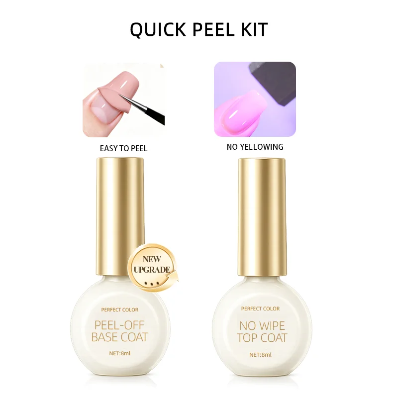 PERFECT COLOR Quick Peel Kit, Easy Peel-Off Base Gel & No Wipe Top Coat Set, Beginner Friendly Nail Gel, UV LED Cure Required