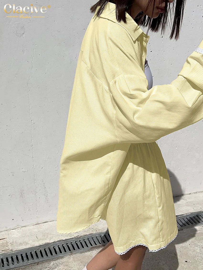 Clacive Fashion Loose Yellow Stripe Women's Two Pieces Set 2025 Elegant Long Sleeve Shirt With High Waist Shorts Set Female