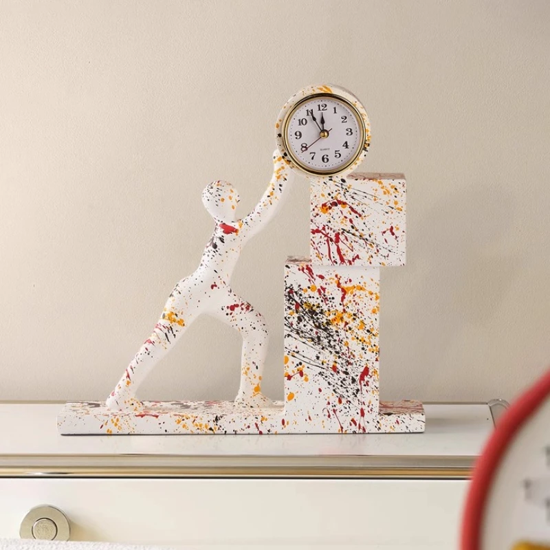 Colorful People Resin Craft Desk Clock Creative Abstraction Office Mute Desk Clock Nightstand Study Bedroom Room Decor Clock