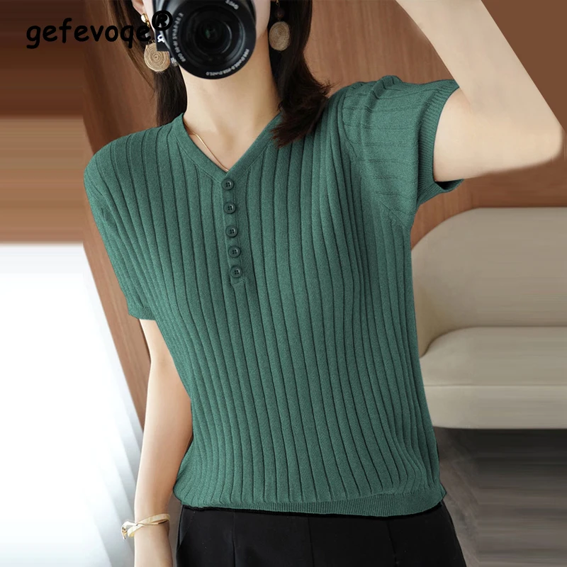 Women Fashion Elegant Simple V Neck Short Sleeve Ribbed Knitted T-shirt 2024 Summer Casual Solid Basic Pullover Tops Ropa Mujer