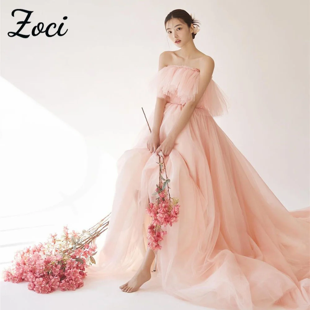 

Zoci Princess Ruffles Blush Pink Korea Evening Dresses For Pregnant Women Photos Shoot Dress Customized Corset Long Party Gown