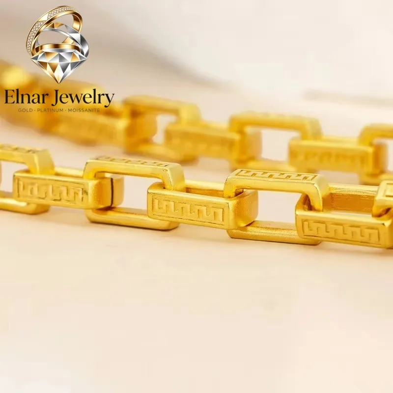 

Elnar Jewelry Luxury 24K 9999 Pure Gold real gold Square Great Wall Pattern Men's Necklace Three-dimensional Box Chain