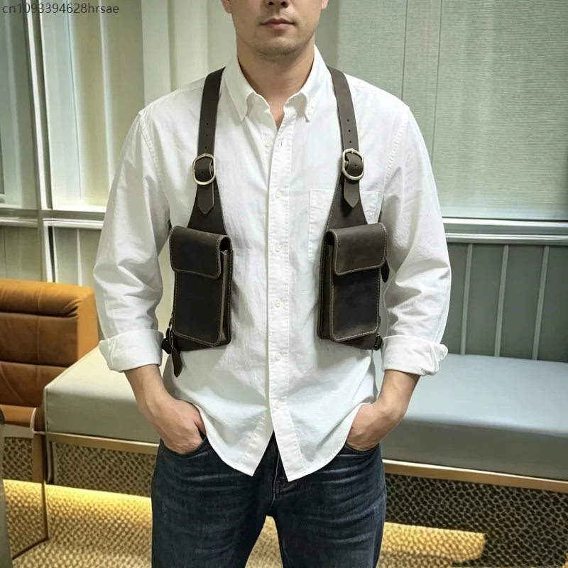 Vintage Double Pockets Chest Harness Bag Adjustable Punk Backpack Adult Medieval Renaissance Cosplay Vest Pack Accessory Prop