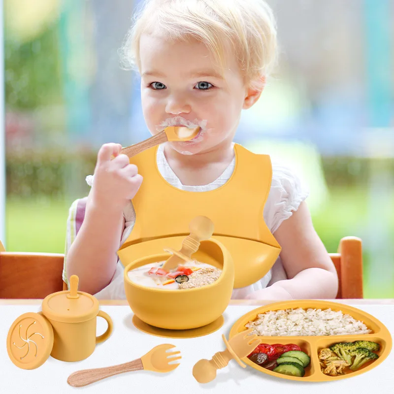 BPA FREI Silikon Baby Fütterung Set Sauger Schüssel Teller Stroh Tasse Löffel Gabeln für Kinder Baby Geschirr Kinder Gerichte – Detail 2