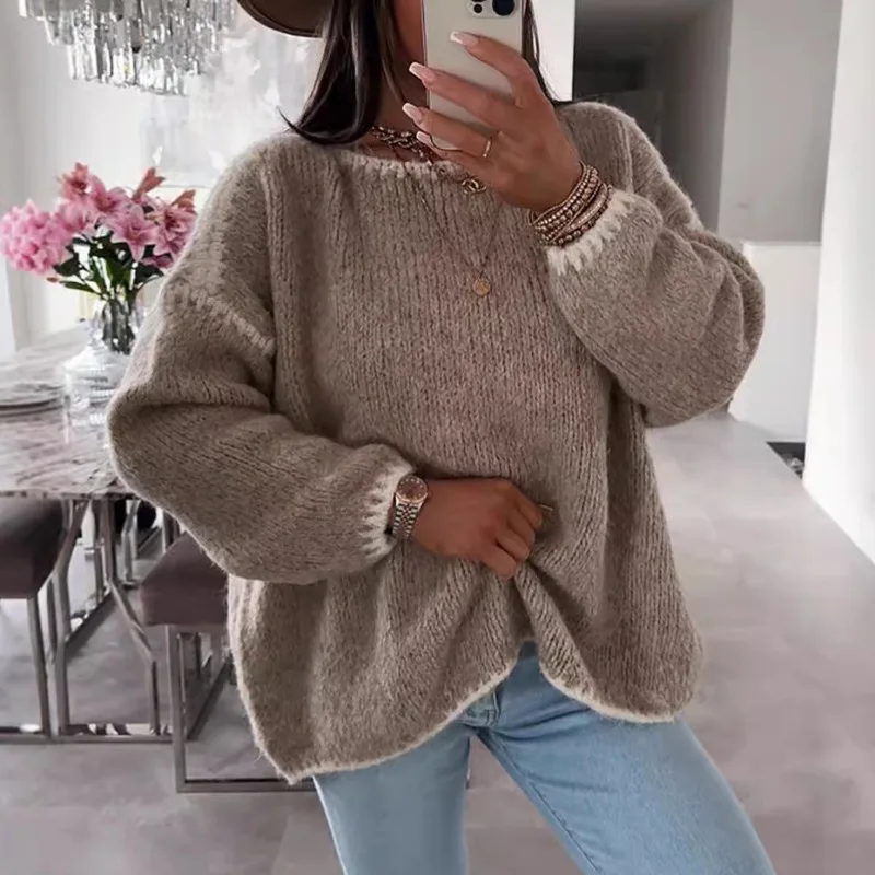 

2025 Autumn/winter Pullover Long Sleeved Casual Knitted Sweater European and American Fashion Round Neck Pullover