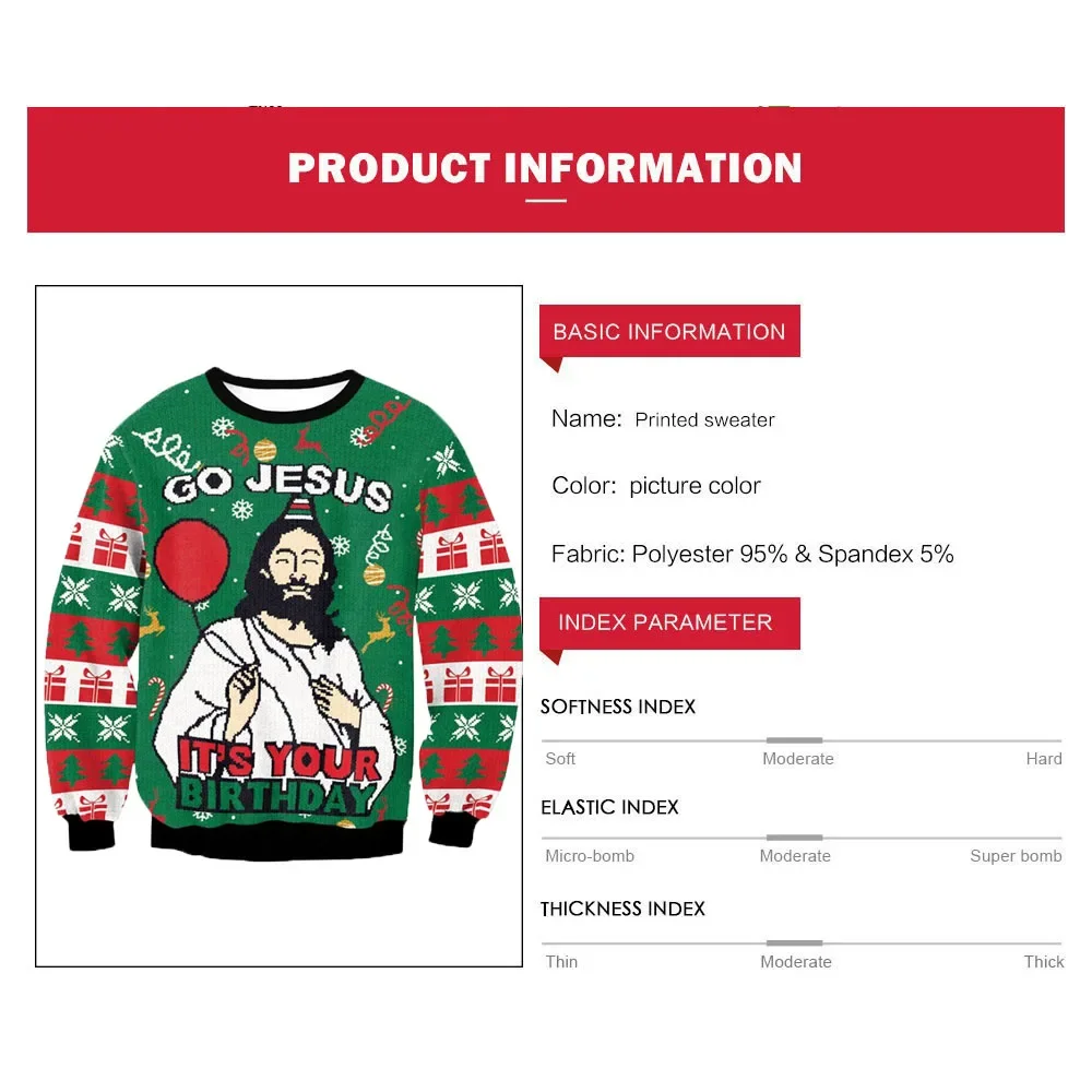 Men Women Holiday Party Xmas Sweatshirt Happy Birthday Jesus Sweater Green 3D Funny Printed Ugly Christmas Sweaters Jumpers Tops