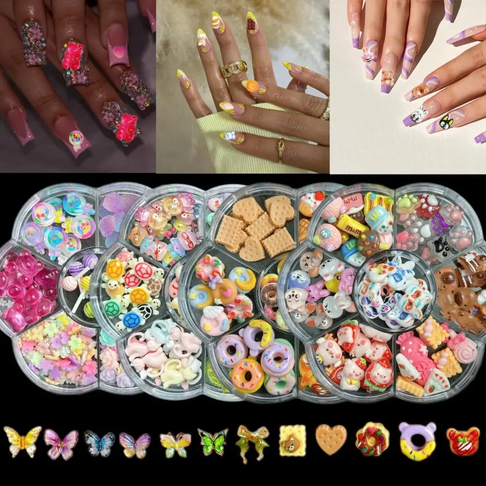 1 caixa misturada bonito simulado sobremesa doces borboleta decorações da arte do prego resina 3d dos desenhos animados gato peixe urso encantos do prego suprimentos