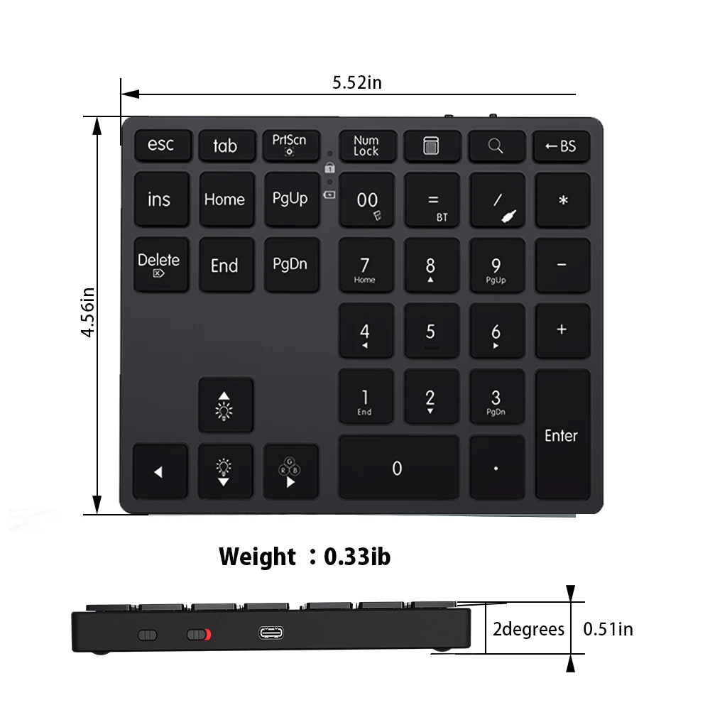 BOW-Teclado Numérico Recarregável Sem Fio, 2.4G, Bluetooth, Teclado Numpad para iPad Laptop, Teclado Numérico com Fio
