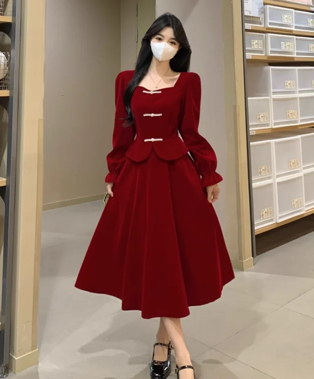 Herbst Winter Große Größe Chinesische Square Neck Langarm Kleid Hohe Taille A-linie Vielseitig Alter-reduzierung Gefälschte Zwei-stück Kleider