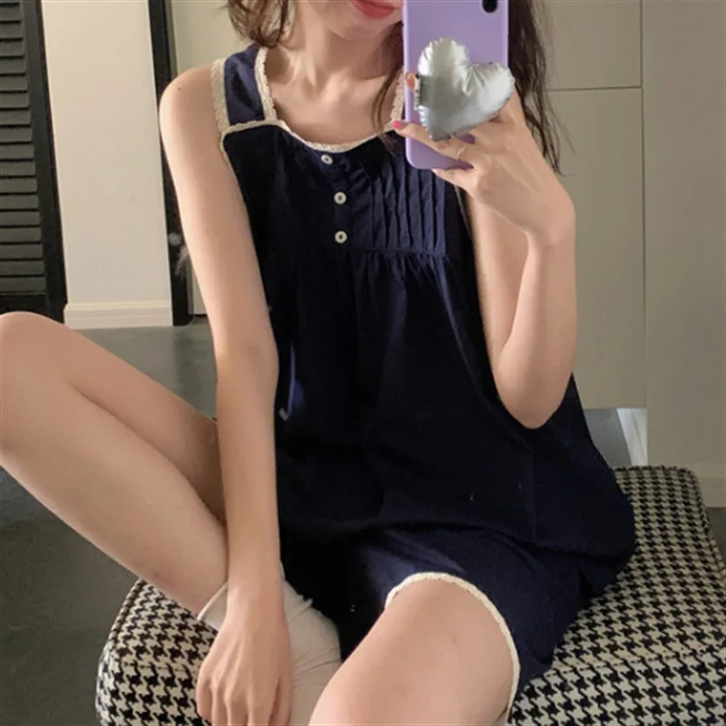 Summer Women\'s Solid Color Pajama Set Cotton Navy Blue Button Lace Flounce Night-clothes Sling Sweet Young Girl Unique New Dress