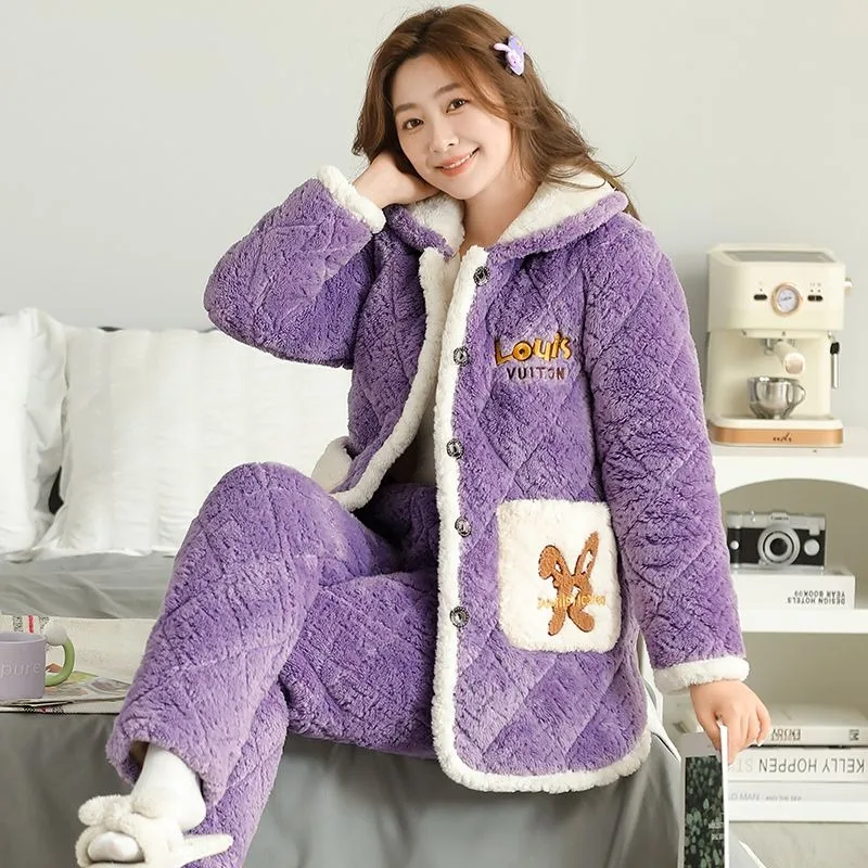 2023 New Coral Velvet Pajamas Women Padded Three-layer Cotton Sleepwear Autumn Winter Purple Western-style Warm Homewear Suit