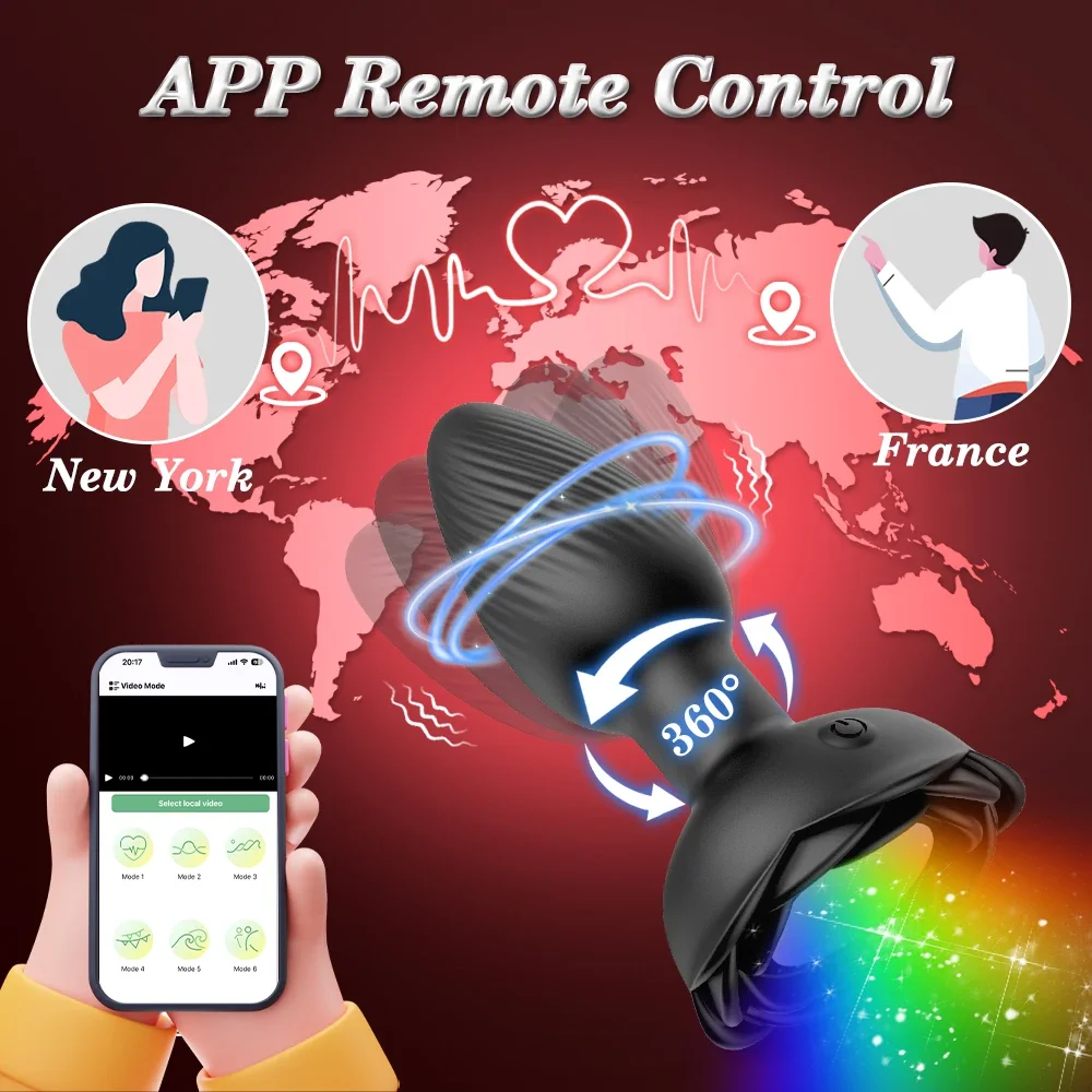 앱 360 °   회전식 항문 플러그 LED 조명 진동 버트 플러그 남성 전립선 마사지기 섹스 토이 여성 남성 성인용 바이브레이터