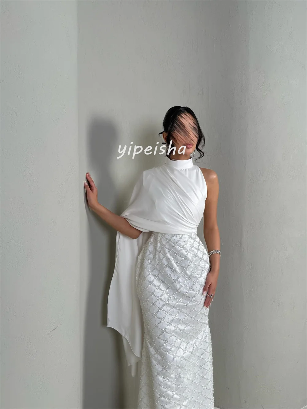 カスタマイズされた高品質のクラシックスパンコールプリーツマーメイドハイカラーロングドレスオーダーメイドオケージョンドレスモダンスタイル絶妙な